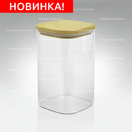 Банка 1,1 л стеклянная квадратная с бамбуковой крышкой оптом и по оптовым ценам в Челябинске